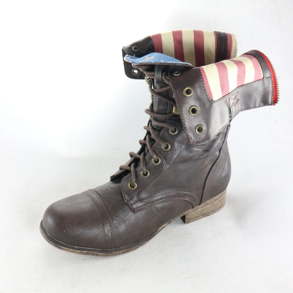 New BAMBOO PAIR of Roll Down USA Flag Combat Boots Sz 5.5 US Women - Picture 1 of 8